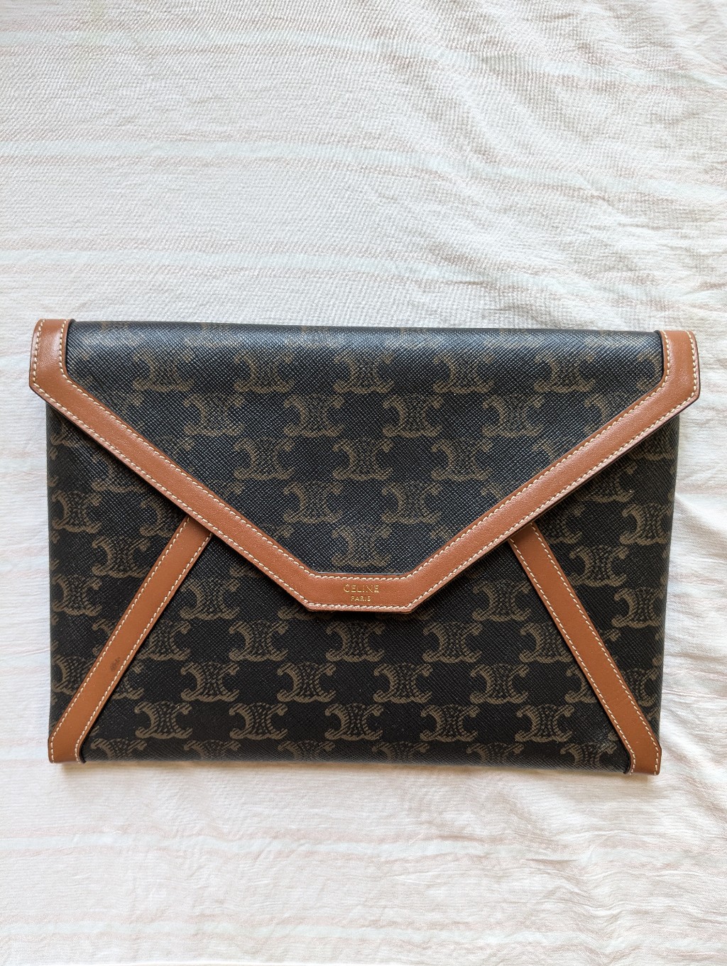 Celine Triomphe Canvas Calfskin Envelope Clutch Brown Tan
